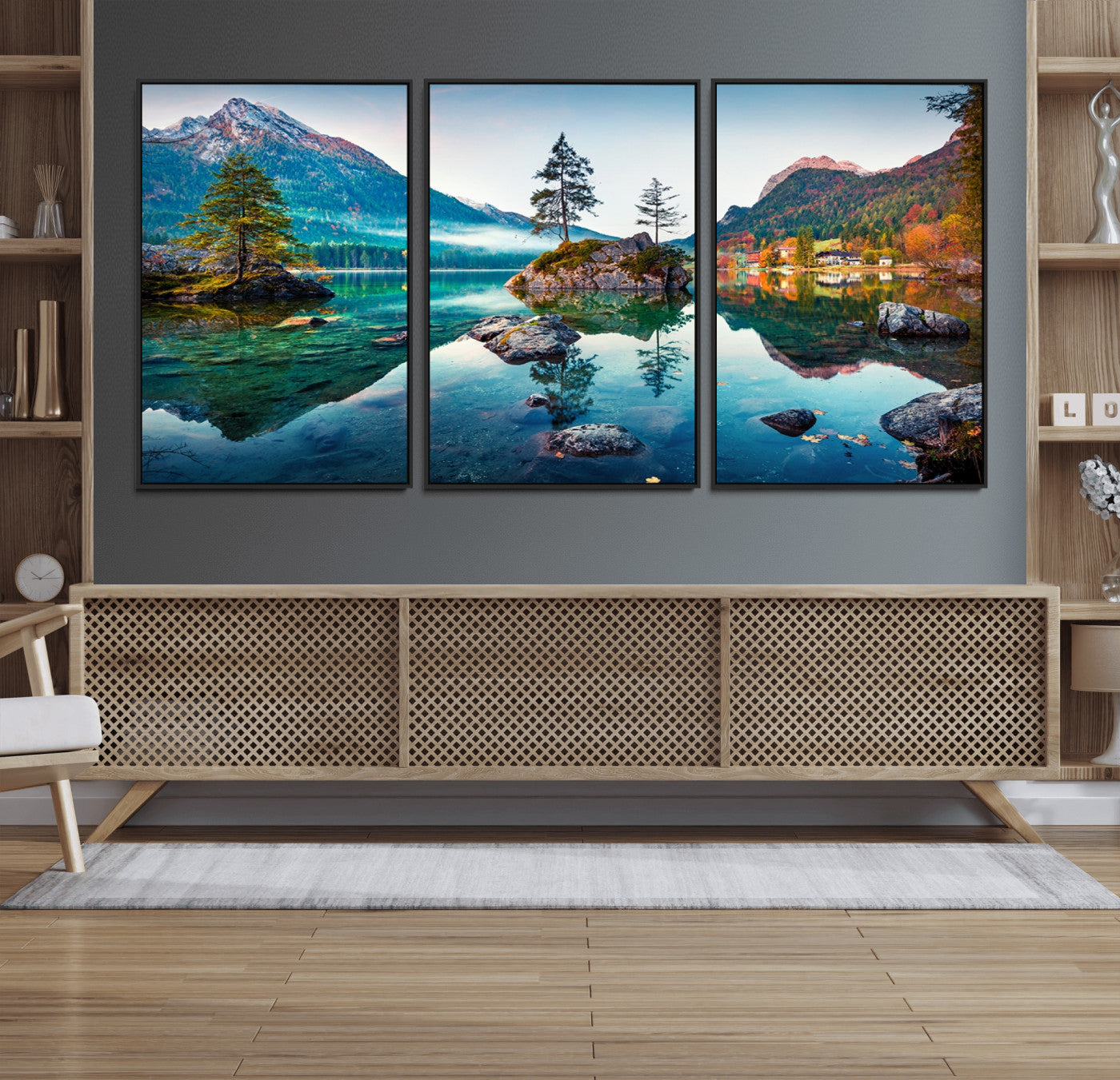 55009-MGV-FC-60X30-3P_Black-Crystal Clear Lake Wall Art | Mountains Wall Art Canvas | 3 Panel Large Landscape Print for Dining