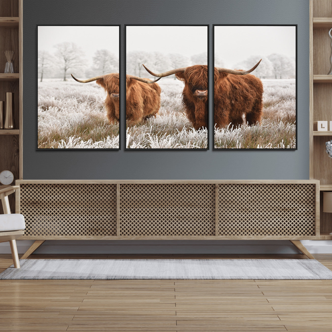 60379-MGV-FC-60X30-3P_Black-Longhorn Cattle Wall Art Canvas Print, Framed Farmhouse Style Art Picture Print, Rustic Cow Perfect Rustic Farmhouse Decor Artwork