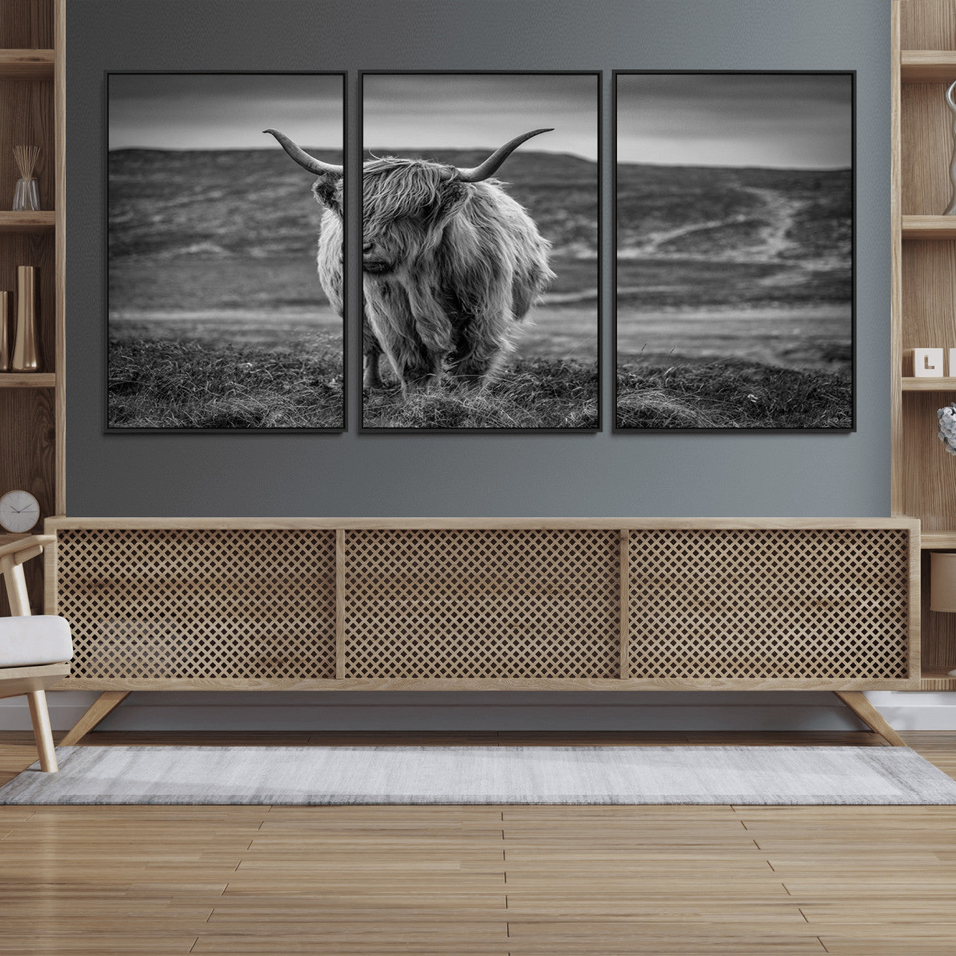 42995-MGV-FC-60X30-3P_Black-Fluffy Cattle Wall Art Print, Highland Cow Canvas, Framed Black and white Wall Art