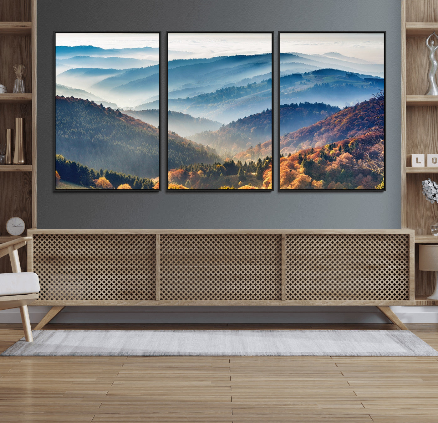 23293-MGV-FC-60X30-3P_Black-Misty Mountain Sunrise Triptych Canvas Print – Autumn Landscape Wall Art – Scenic Nature Decor –