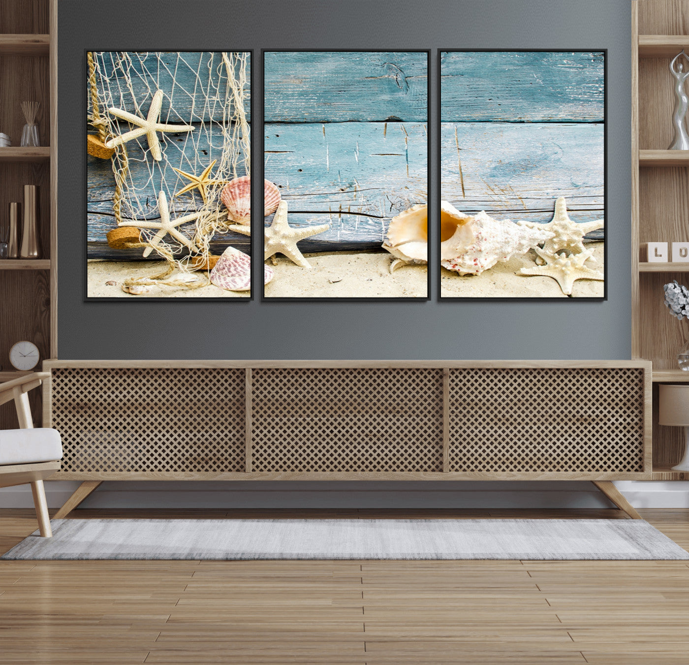 88448-MGV-FC-60X30-3P_Black-Seashells on Rustic Wooden Background, Seashells Wall Art Canvas Print