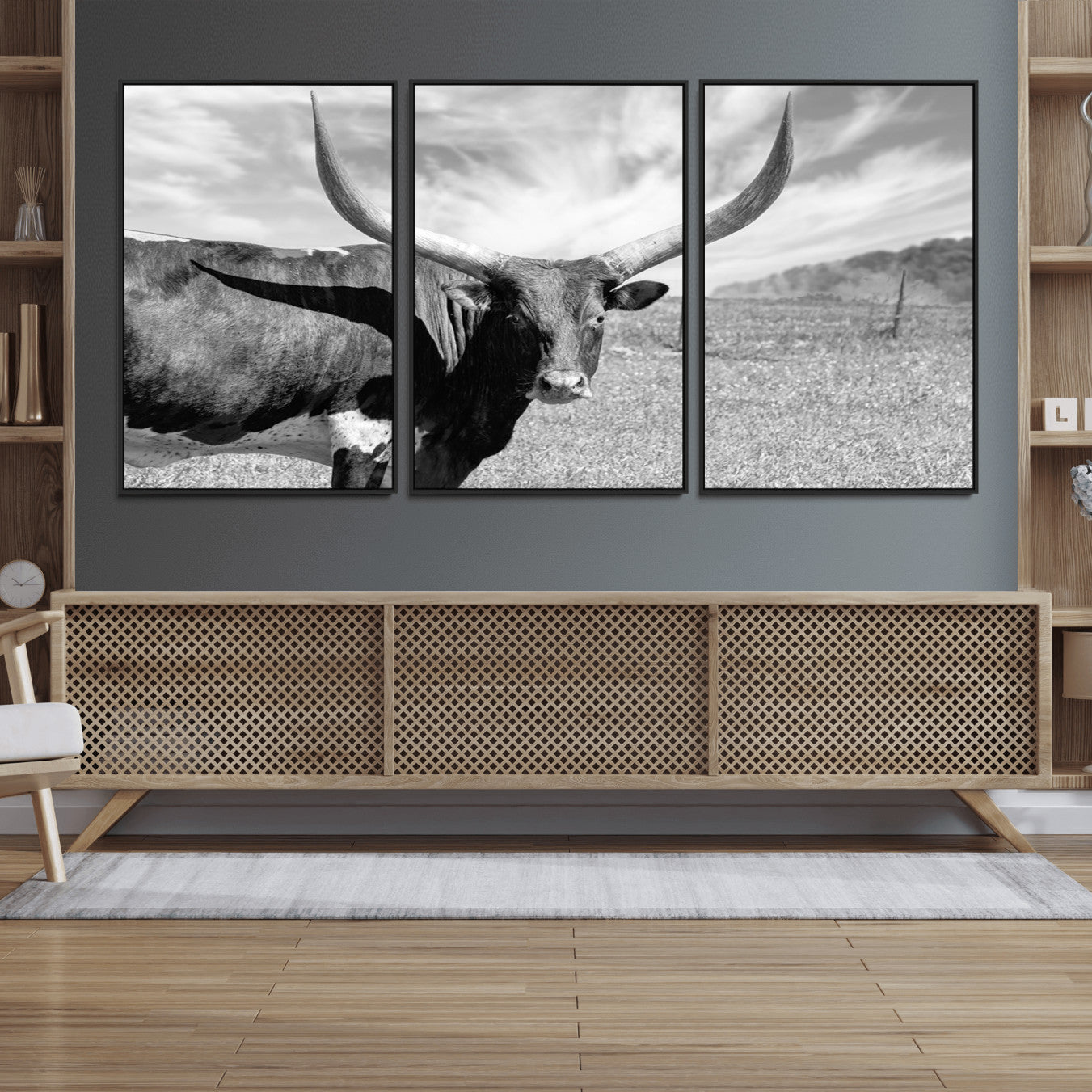 30017-MGV-FC-60X30-3P_Black-Cattle Wall Art Longhorn Cow Canvas Print
