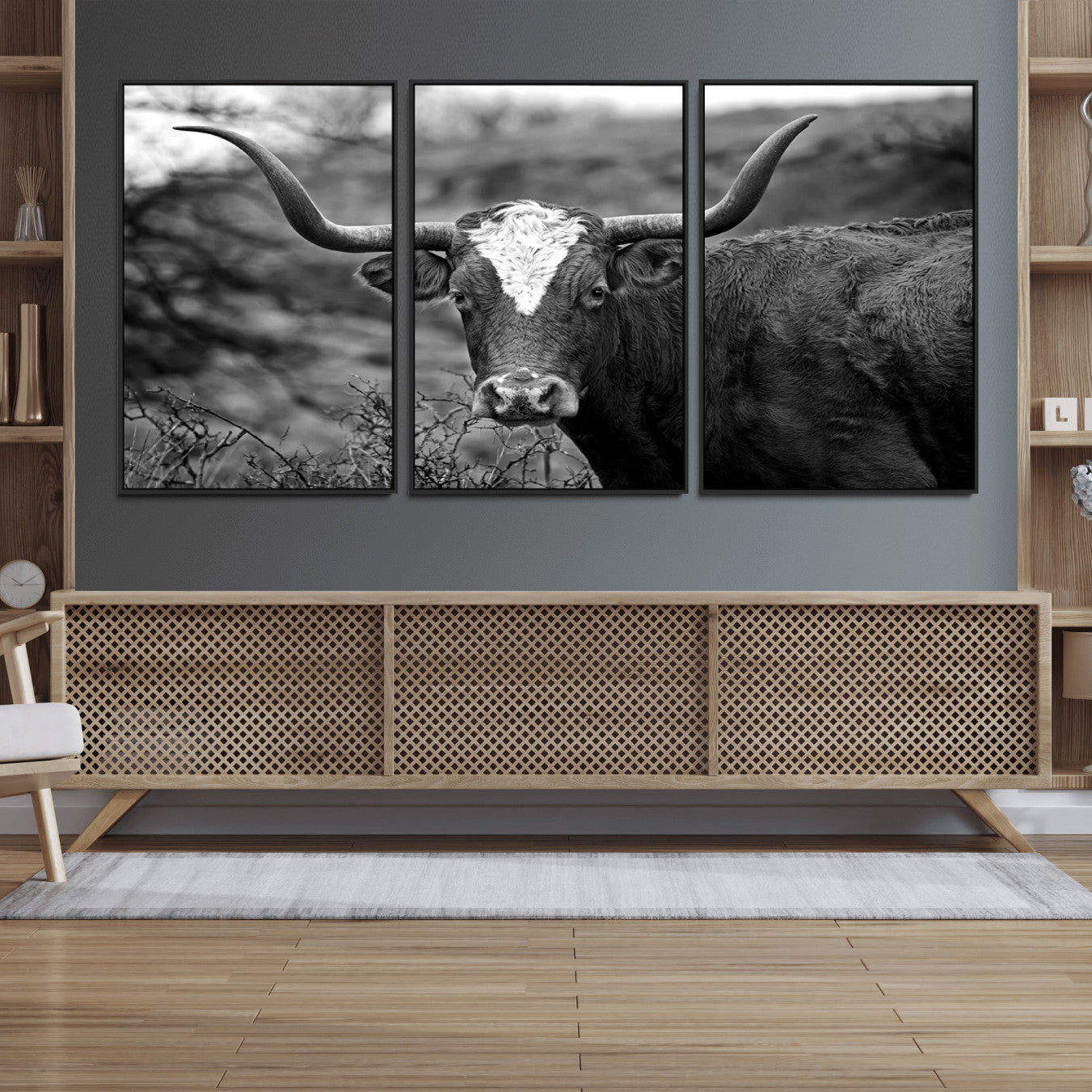 76200-MGV-FC-60X30-3P_Black-Western Home Wall Art Canvas Print, Framed Texas Longhorn Art Picture Print, Rustic Cow Perfect Rustic Farmhouse Decor Artwork