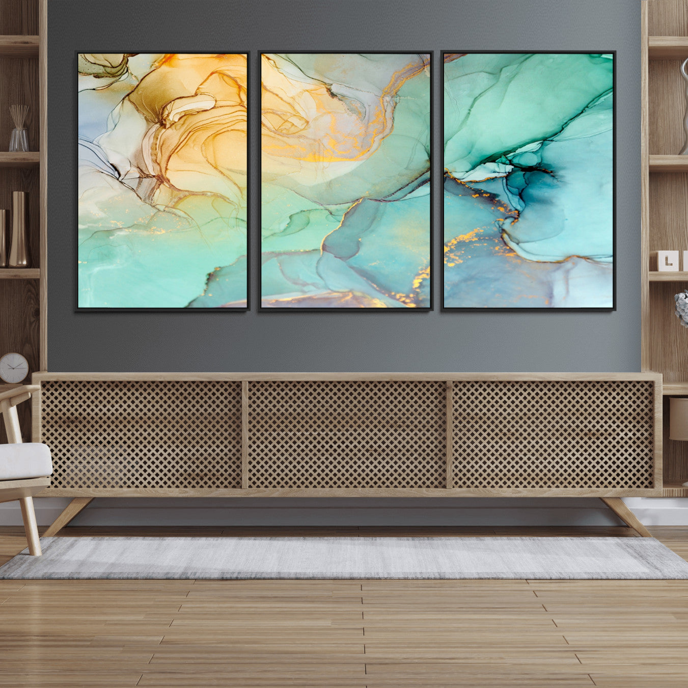 84233-MGV-FC-60X30-3P_Black-Abstract Aqua and Gold Fluid Wall Art Canvas | 3 Panel Large Canvas Print for Living Room, Office,