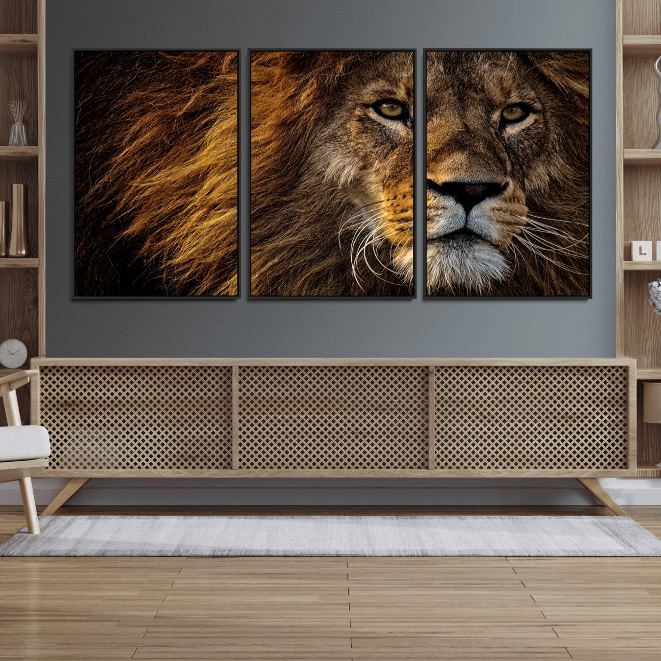 98665-MGV-FC-60X30-3P_Black-Mighty Lion Wall Art Canvas Print – Majestic Animal Portrait Artwork for Home, Office, Living Room, Guest Room