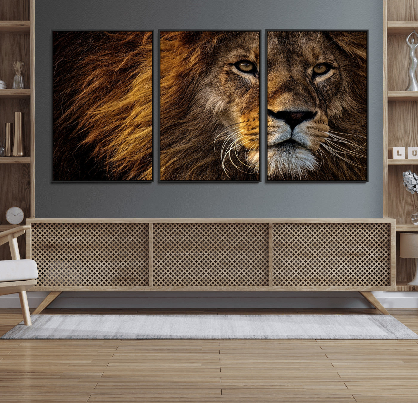 98665-MGV-FC-60X30-3P_Black-Mighty Lion Wall Art Canvas Print – Majestic Animal Portrait Artwork for Home, Office, Living Room, Guest Room