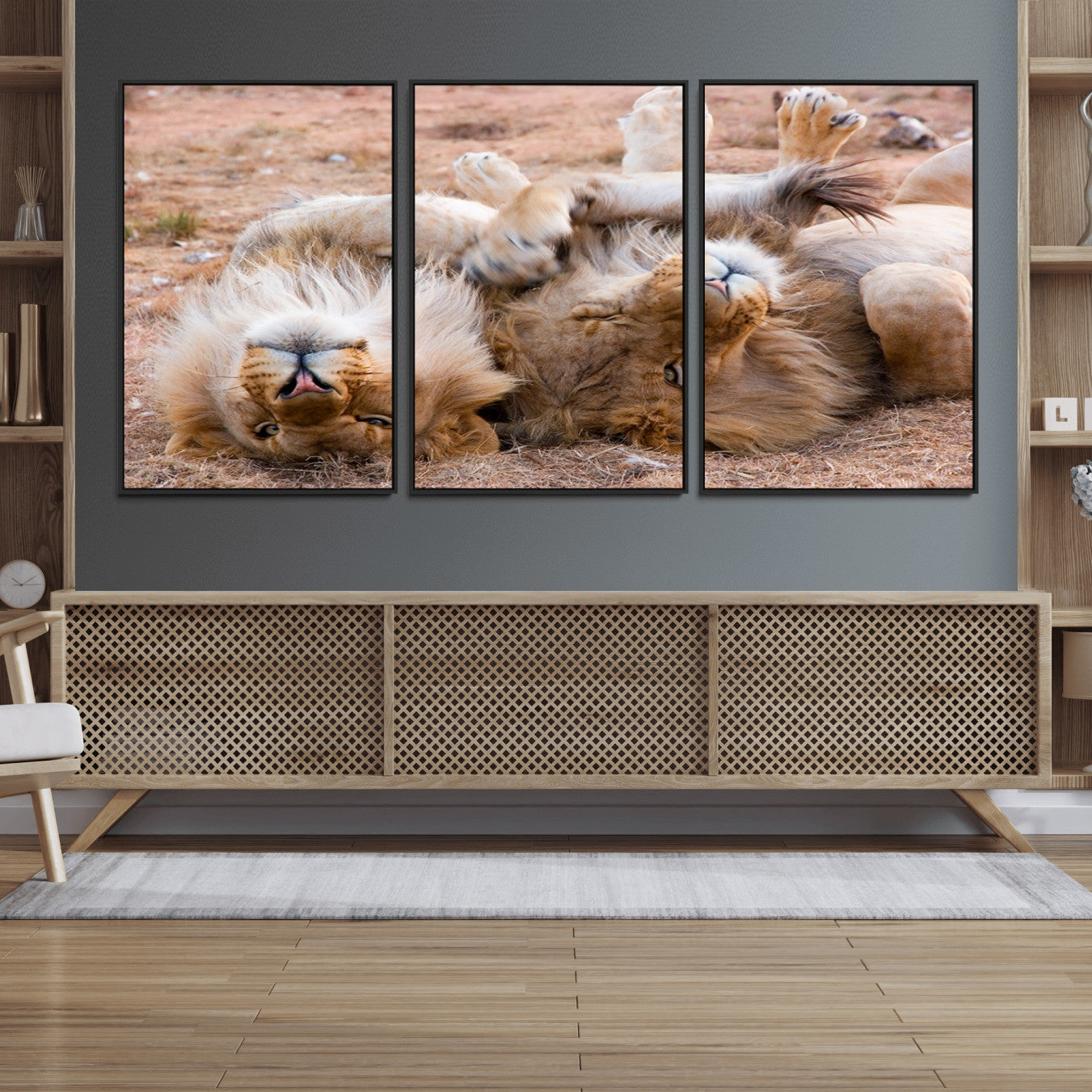 62598-MGV-FC-60X30-3P_Black-Lion Pair Wall Art Canvas Print – Framed Wildlife Scene with Playful Lions Artwork for Home, Office, Living Room