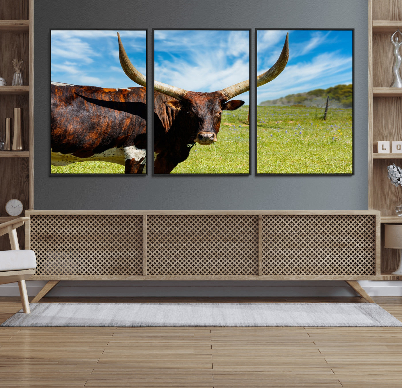 47037-MGV-FC-60X30-3P_Black-Longhorn and Cow Wall Art, Country Cow Wall Decor Canvas Print