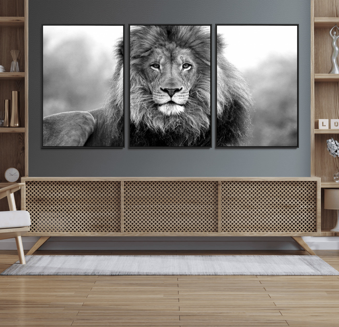 91590-MGV-FC-60X30-3P_Black-Black and White Lion Canvas Wall Art – Animal Print Artwork for Home, Office, Living Room, Guest Room