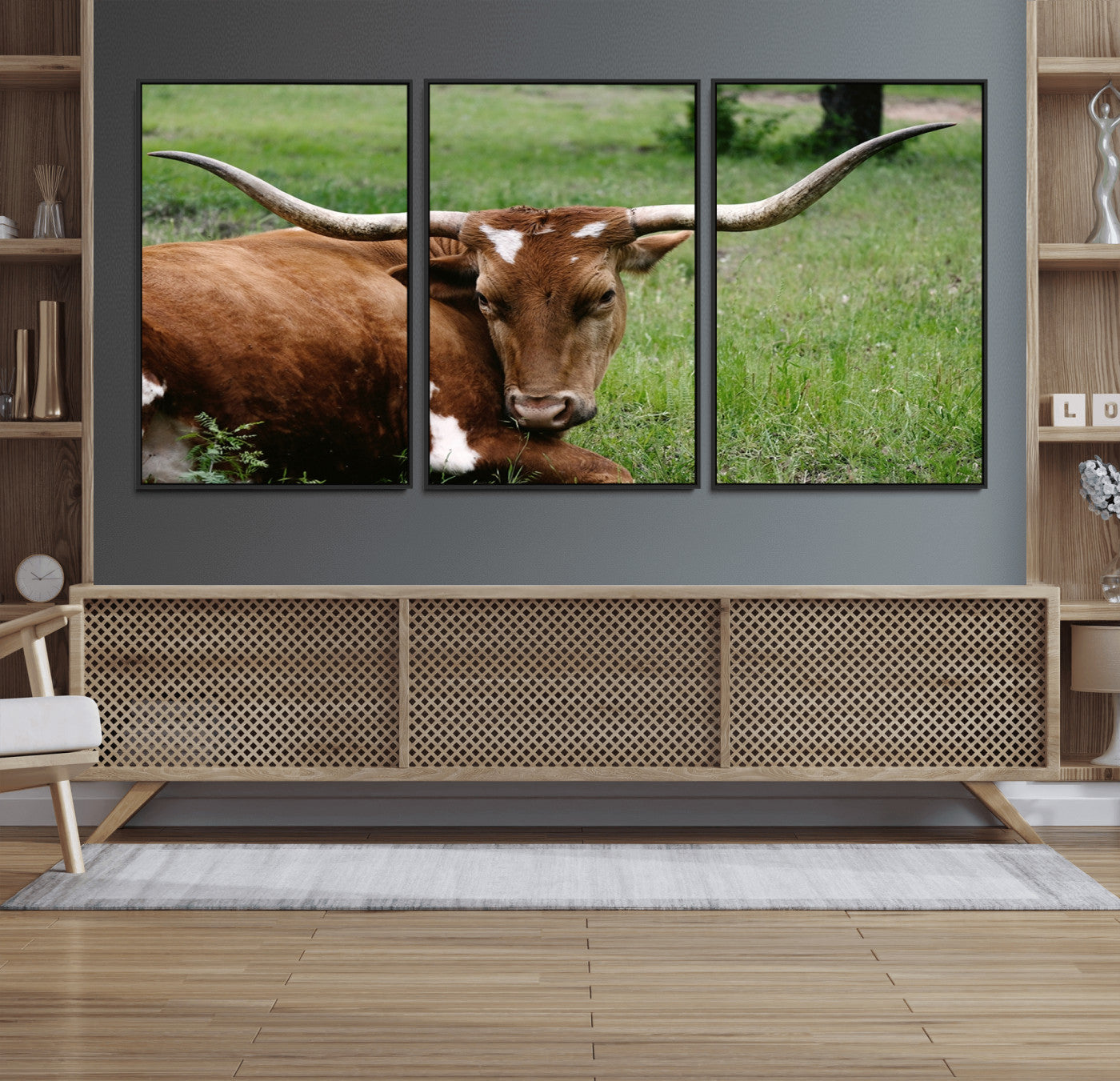 45997-MGV-FC-60X30-3P_Black-Longhorn Steer Canvas Wall Art – Rustic Nature Triptych Decor for Living Room or Office – Ready to