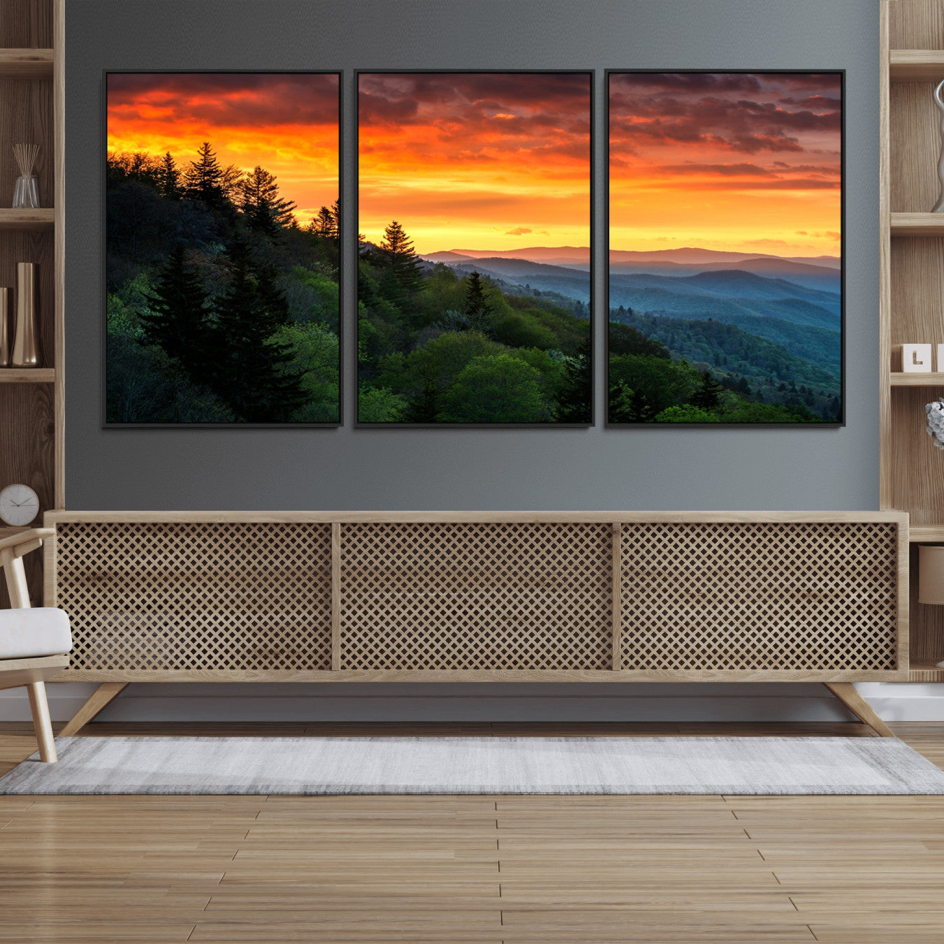 28501-MGV-FC-60X30-3P_Black-Great Smoky Mountains Sunset Wall Art Canvas Print | 3 Panel Large Nature Landscape Photography for