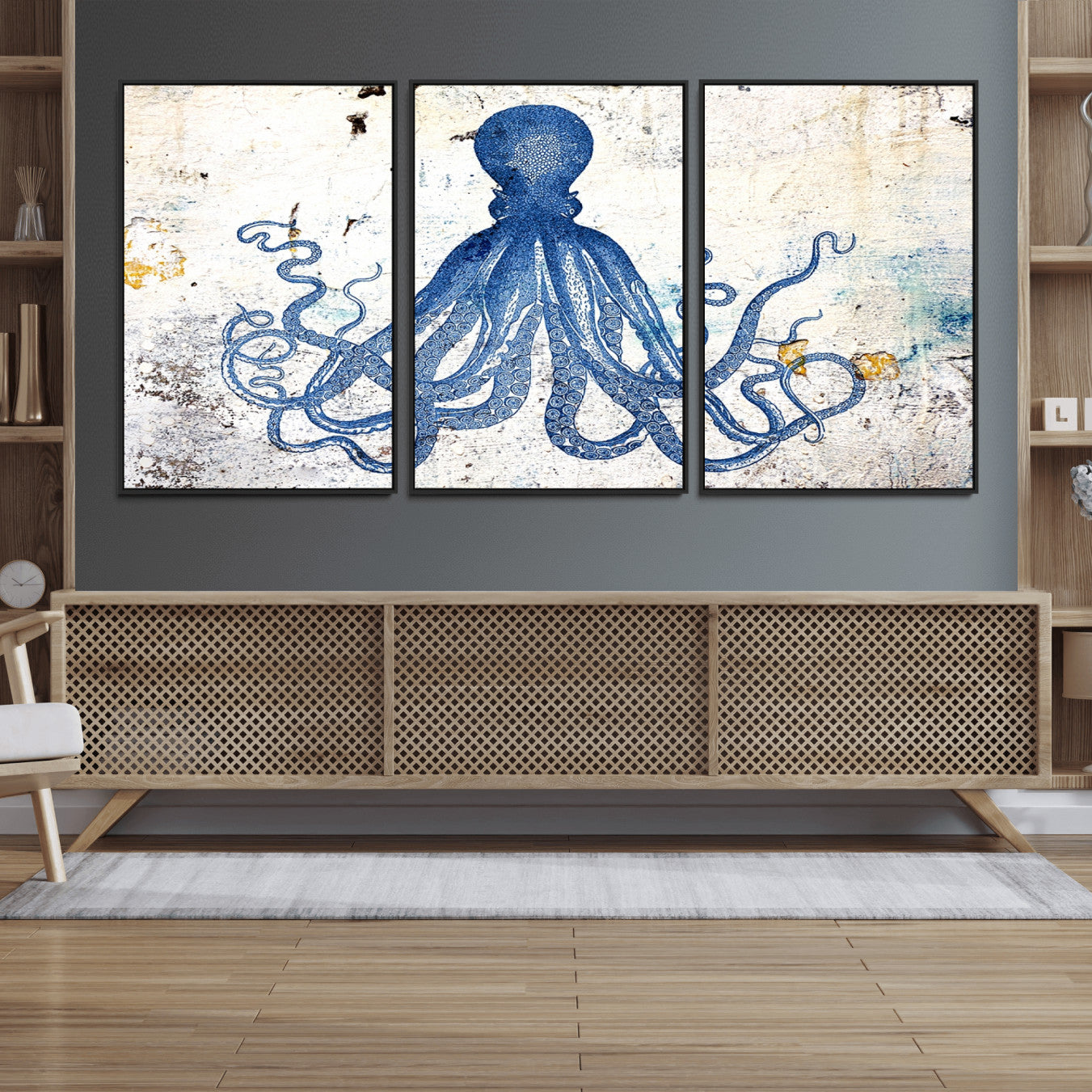 38211-MGV-FC-60X30-3P_Black-Octopus Canvas Wall Art | Coastal Marine Life Artwork for Living Room, Bedroom, or Office |