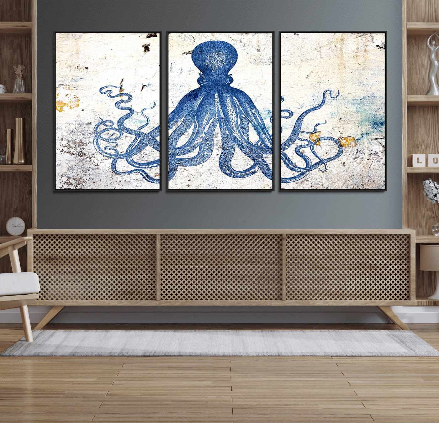 38211-MGV-FC-60X30-3P_Black-Octopus Canvas Wall Art | Coastal Marine Life Artwork for Living Room, Bedroom, or Office |