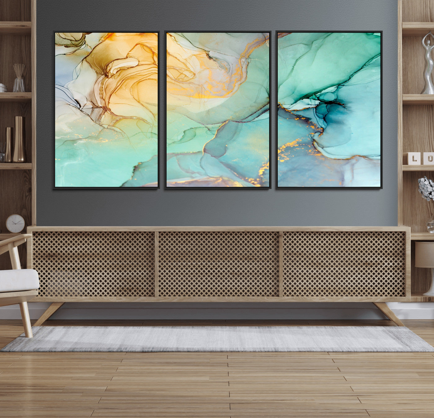 47242-MGV-FC-60X30-3P_Black-Green Marble Fluid Effect Wall Art Abstract Canvas Wall Art Print