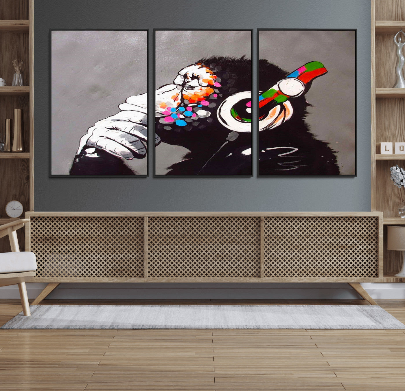 56887-MGV-FC-60X30-3P_Black-Dj Monkey Listening to Music Wall Art Print | Banksy Monkey Large Canvas Print for Living Room,