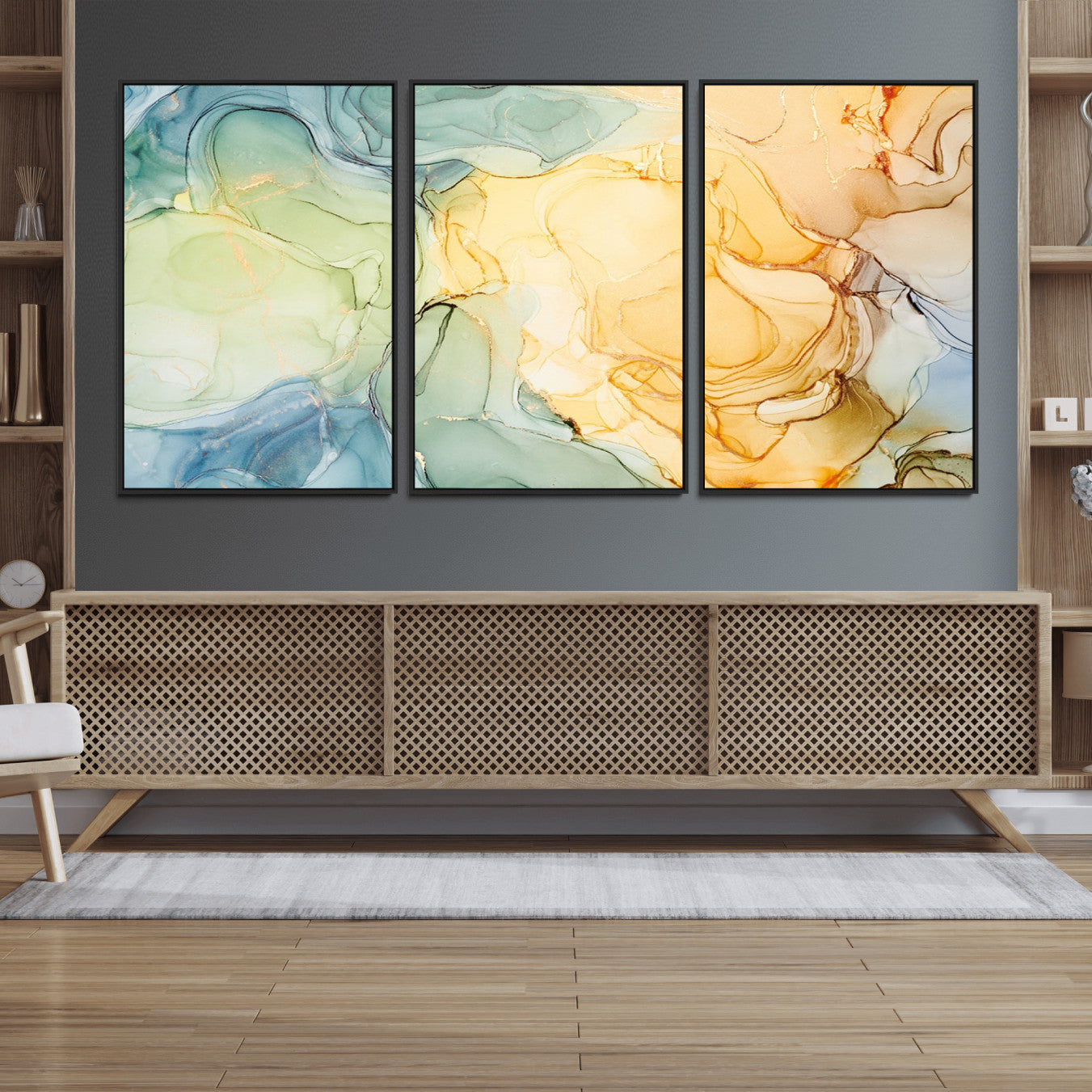 42195-MGV-FC-60X30-3P_Black-Green and Yellow Marble Fluid Effect Wall Art, Green and Yellow Marble Canvas Wall Art Print