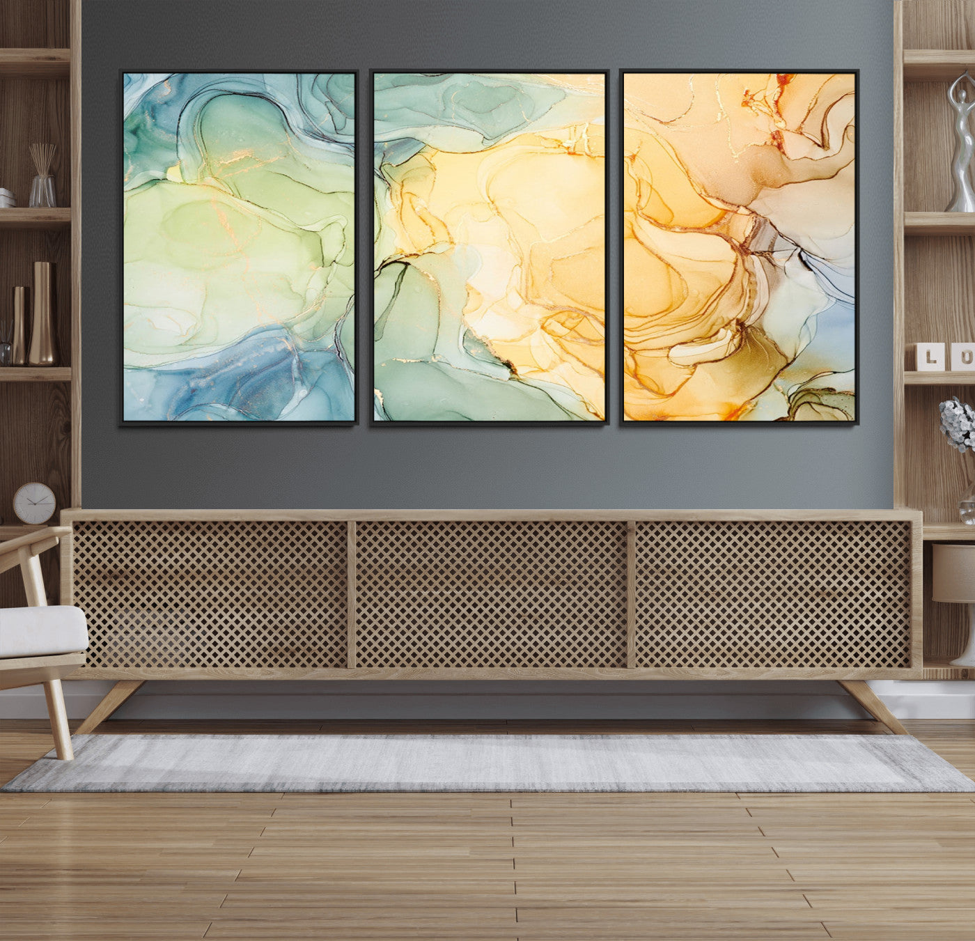 42195-MGV-FC-60X30-3P_Black-Green and Yellow Marble Fluid Effect Wall Art, Green and Yellow Marble Canvas Wall Art Print