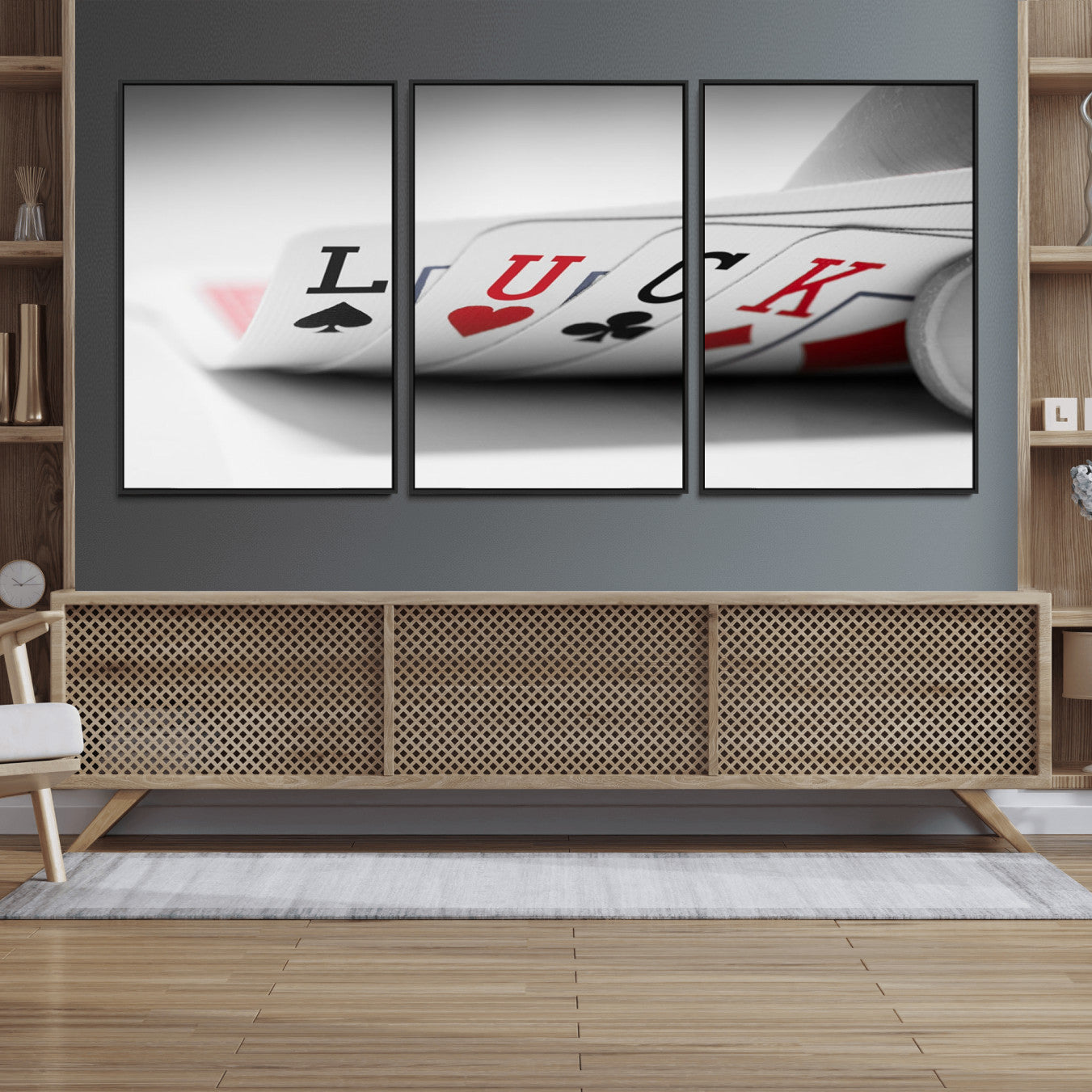 -Framed Luck Poker Cards Canvas – Modern Triptych Wall Art, Ready to Hang for Game Rooms
