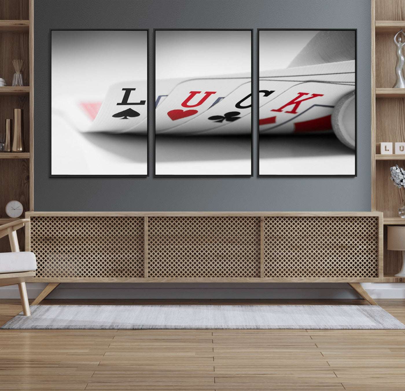 -Framed Luck Poker Cards Canvas – Modern Triptych Wall Art, Ready to Hang for Game Rooms