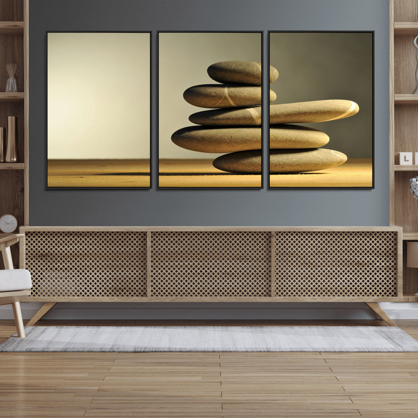 90045-MGV-FC-60X30-3P_Black-Fluvial Zen Stones Canvas Wall Art Print