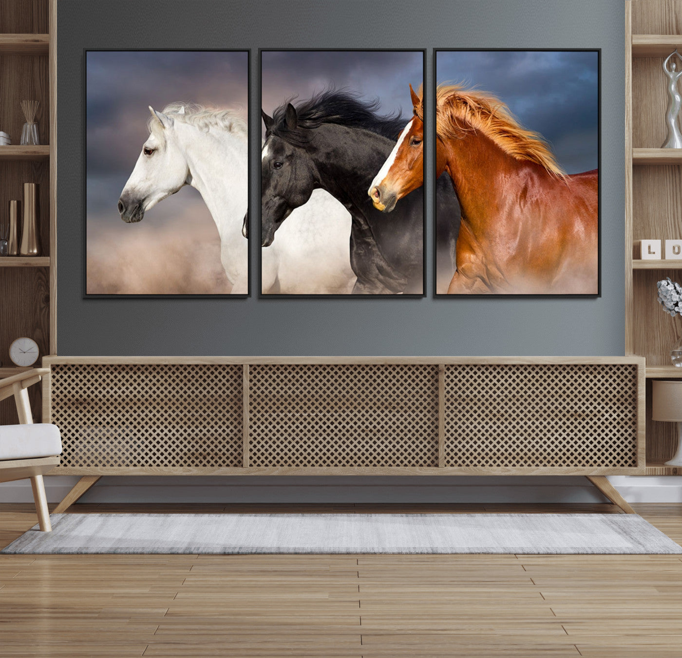 51754-MGV-FC-60X30-3P_Black-Animal Wall Art Three Horses Farmhouse Art Canvas, Framed Three Horses Canvas Print