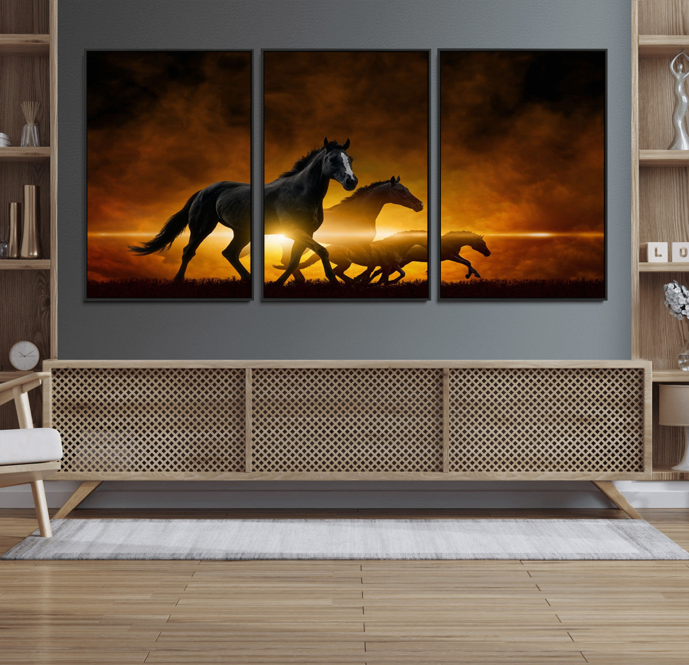 56665-MGV-FC-60X30-3P_Black-Horse Wall Art Canvas Print, Multi Panel Animal Canvas Print