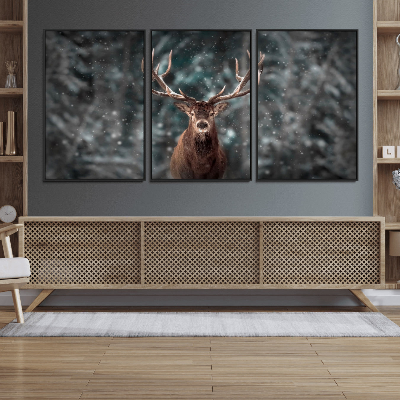 77011-MGV-FC-60X30-3P_Black-Wall Art Deer Art Animal Canvas, Framed Wall Art Deer Canvas Print