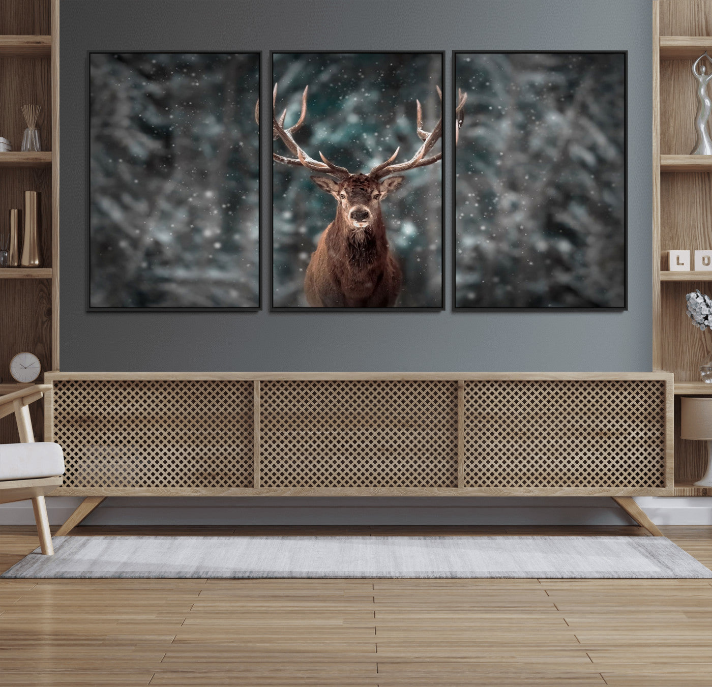 77011-MGV-FC-60X30-3P_Black-Wall Art Deer Art Animal Canvas, Framed Wall Art Deer Canvas Print