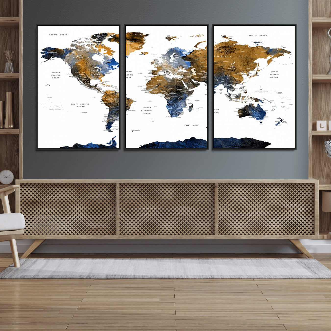 32677-MGV-FC-60X30-3P_Black-Modern Abstract World Map Canvas Wall Art – Framed Blue and Gold Map Print, Elegant Contemporary Travel Decor for Home and Office Walls