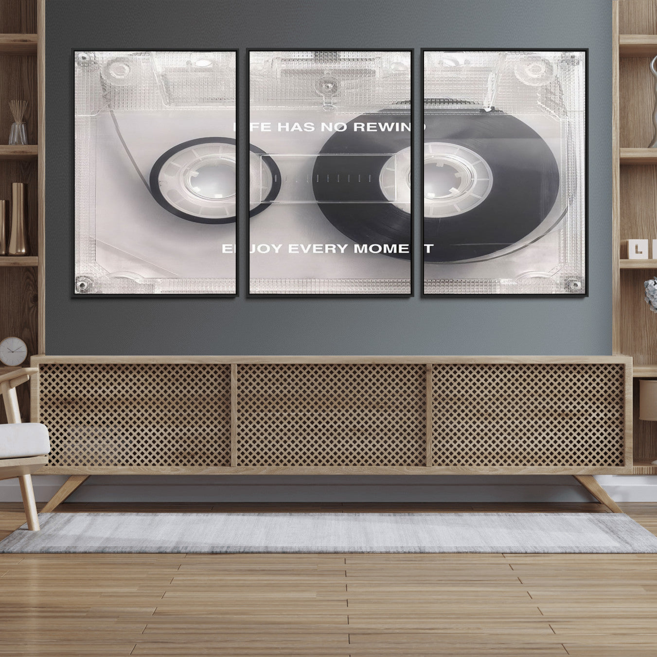 54028-MGV-FC-60X30-3P_Black-Vintage Cassette Tape Canvas Wall Art - Inspirational 'Life Has No Rewind' Quote, Retro Music Decor