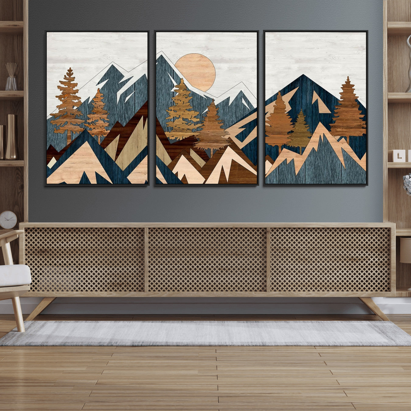 91467-MGV-CV-36X24-Abstract Wood Panel Effect Mountain Range Top Wall Art Canvas Print
