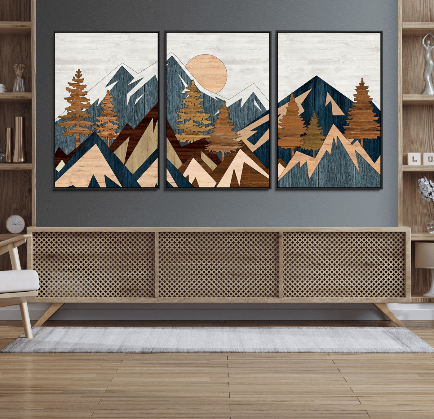 91467-MGV-CV-36X24-Abstract Wood Panel Effect Mountain Range Top Wall Art Canvas Print