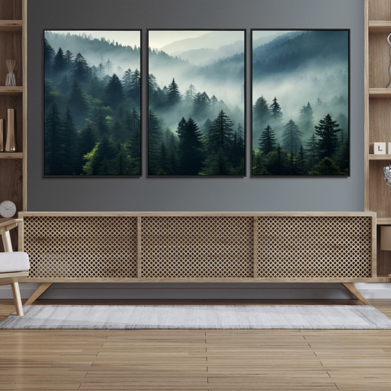 17687-MGV-FC-60X30-3P_Black-Captivating Misty Forest Wall Art Premium Canvas Print a Foggy and Serene Atmosphere Art