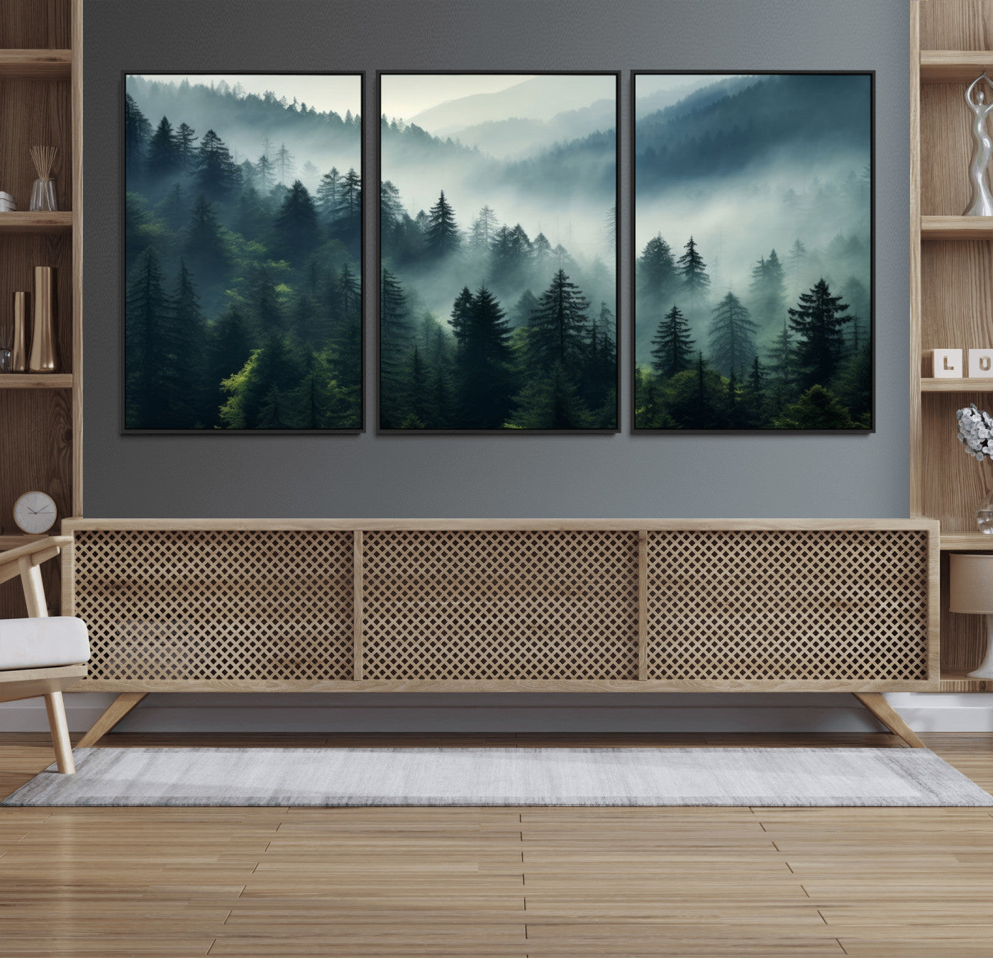 17687-MGV-FC-60X30-3P_Black-Captivating Misty Forest Wall Art Premium Canvas Print a Foggy and Serene Atmosphere Art