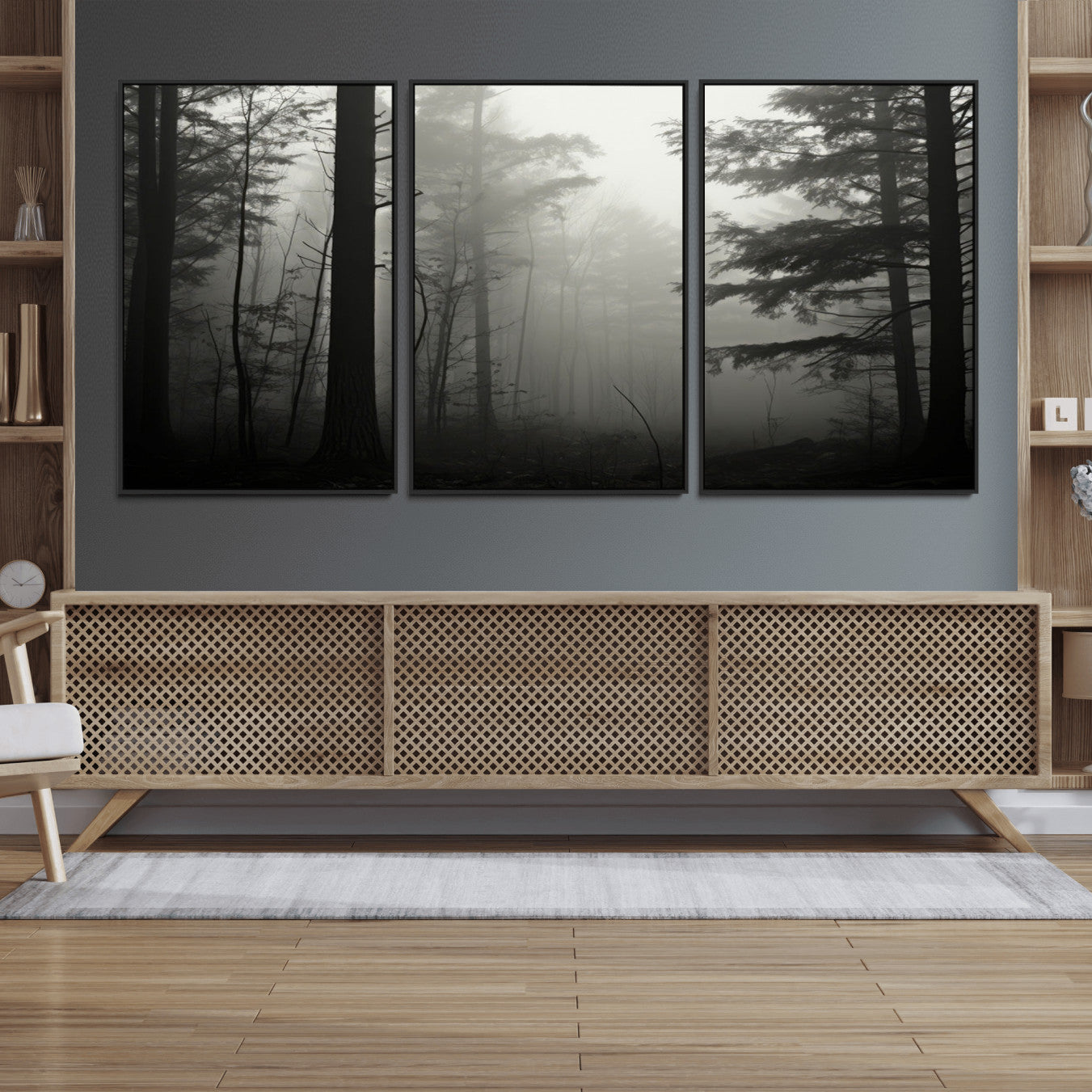 63515-MGV-FC-60X30-3P_Black-Misty Forest Wall Art Premium Canvas Print a Foggy and Serene Atmosphere - Nature Wall Art
