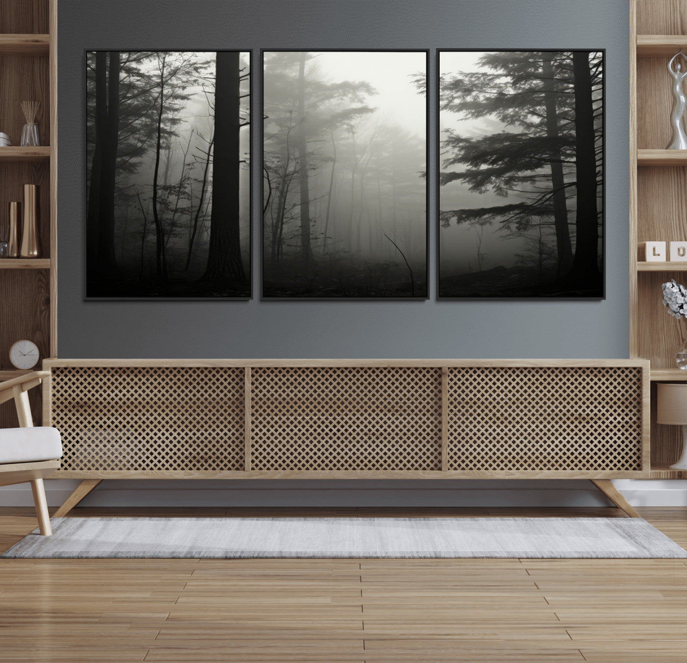 63515-MGV-FC-60X30-3P_Black-Misty Forest Wall Art Premium Canvas Print a Foggy and Serene Atmosphere - Nature Wall Art