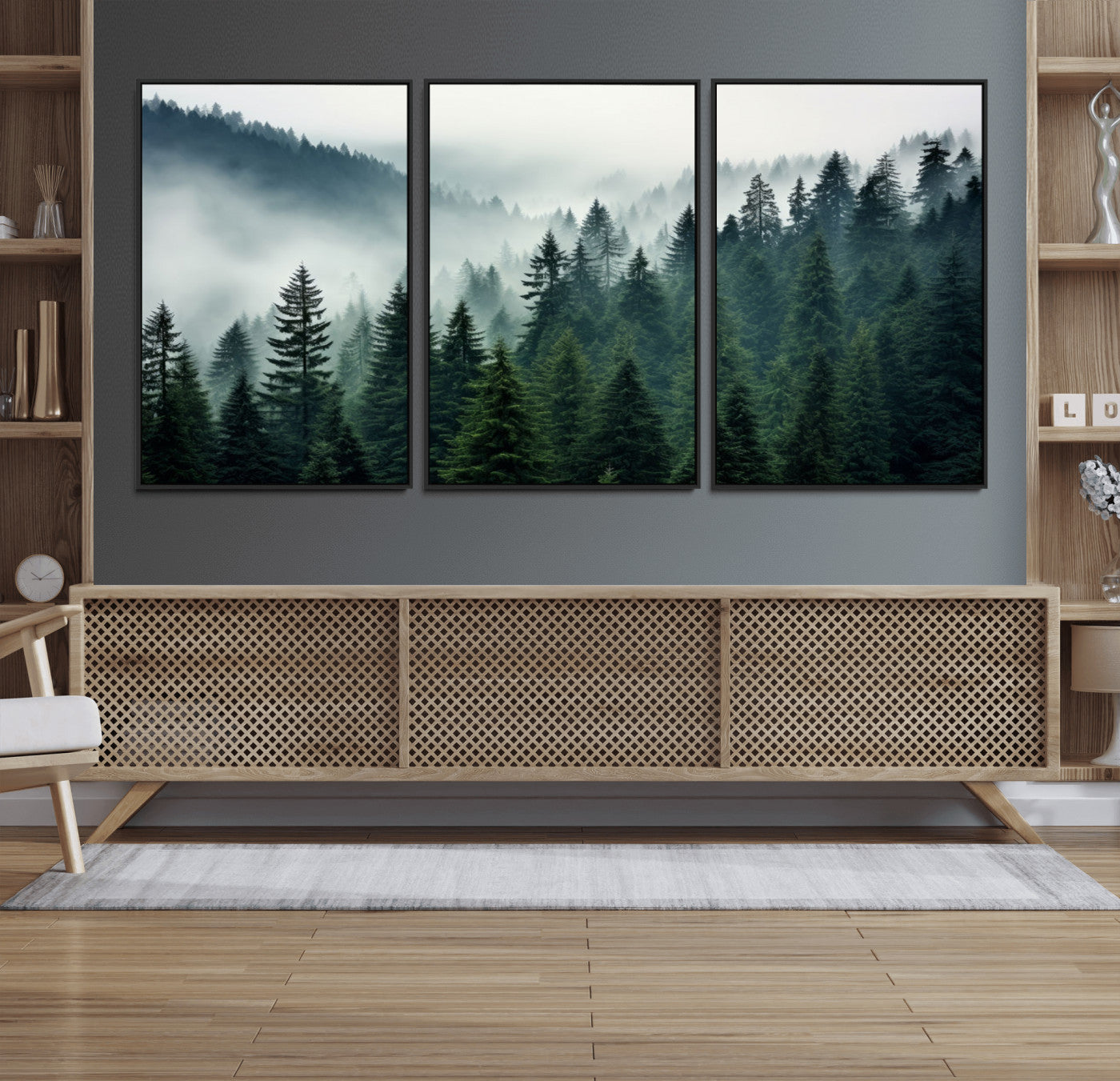 63262-MGV-FC-60X30-3P_Black-Captivating Misty Forest Wall Art Premium Canvas Print, Foggy and Serene Atmosphere Canvas Print