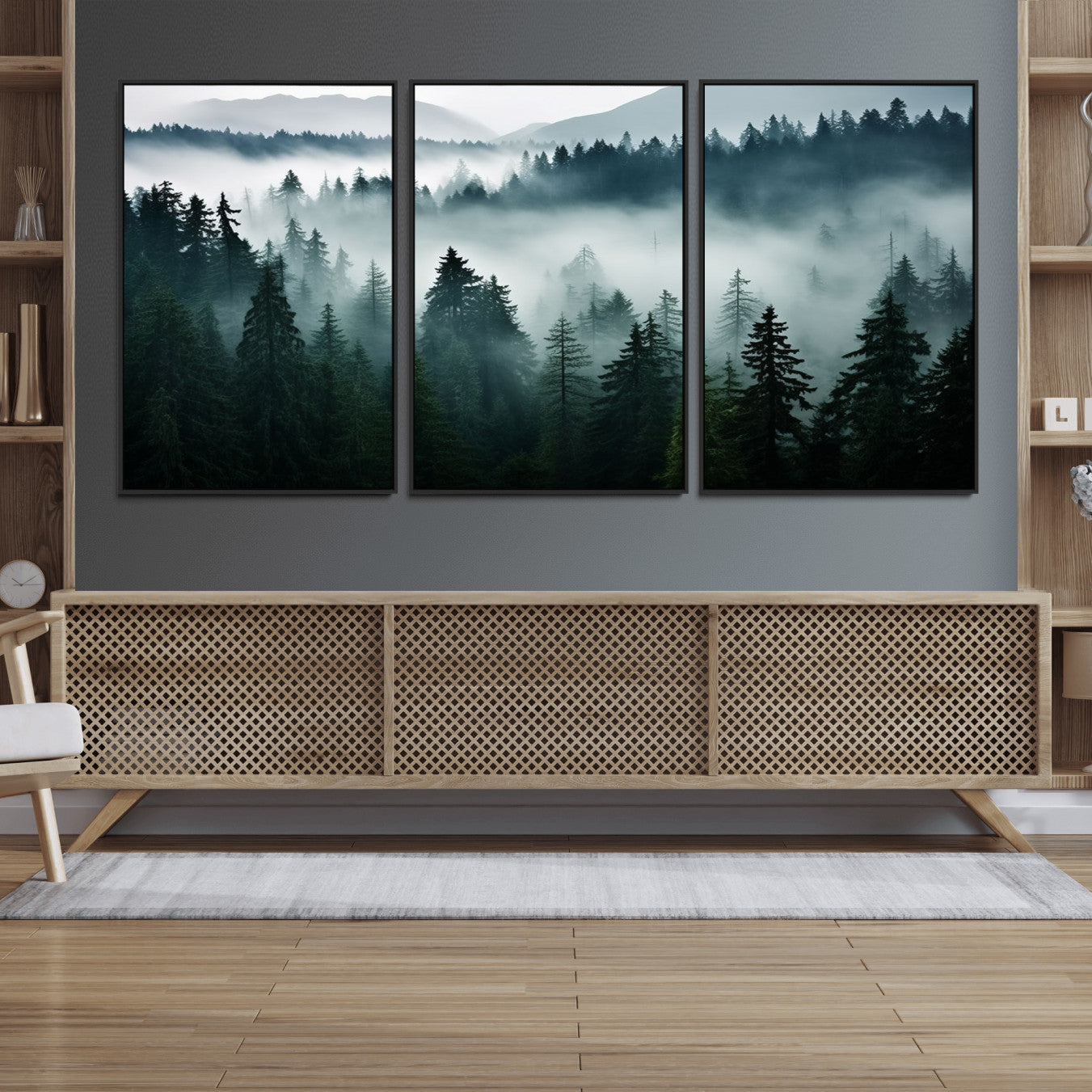 90079-MGV-FC-60X30-3P_Black-Captivating Misty Forest Wall Art Canvas, Premium Canvas Print a Foggy and Serene Atmosphere