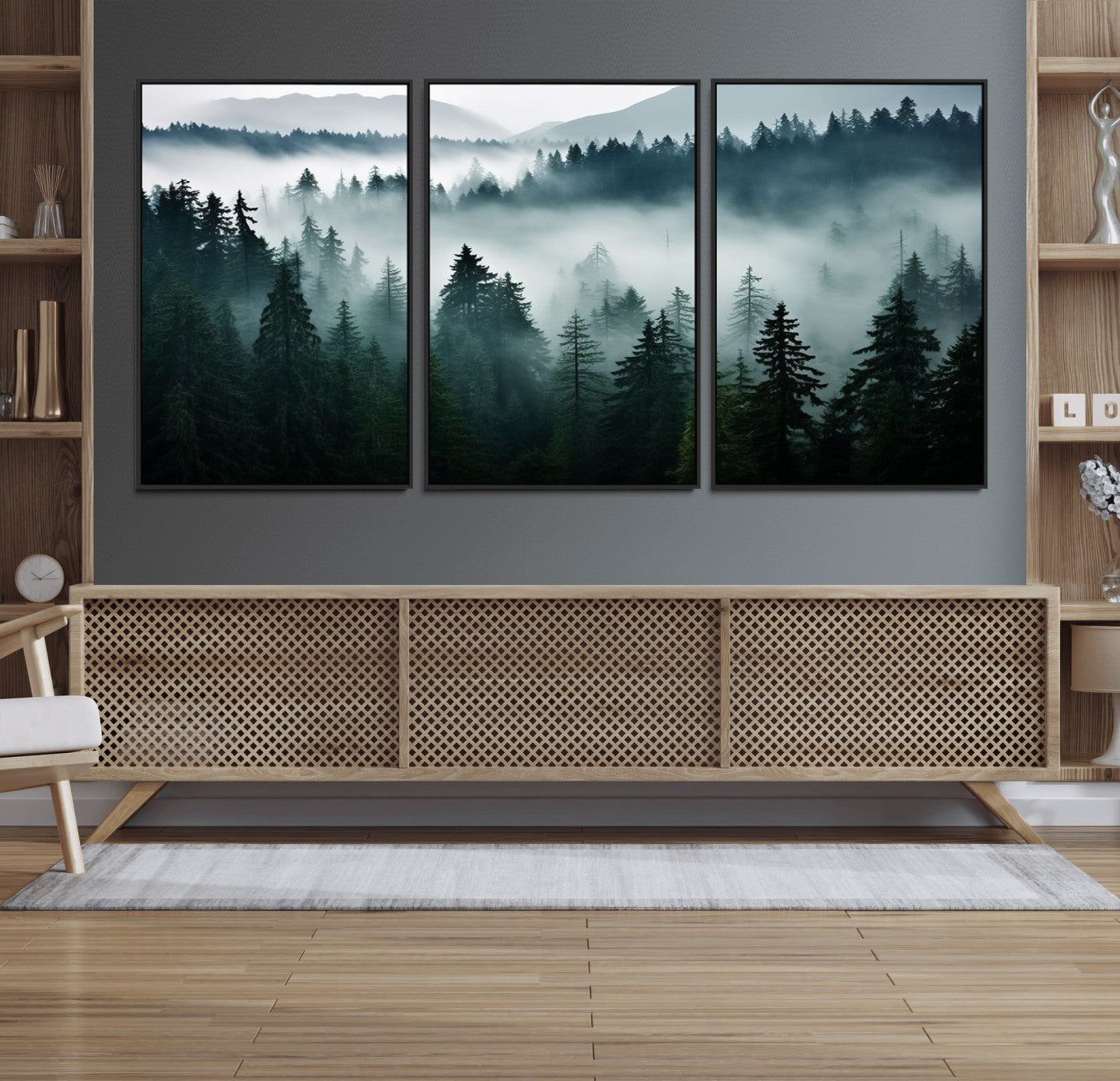 90079-MGV-FC-60X30-3P_Black-Captivating Misty Forest Wall Art Canvas, Premium Canvas Print a Foggy and Serene Atmosphere