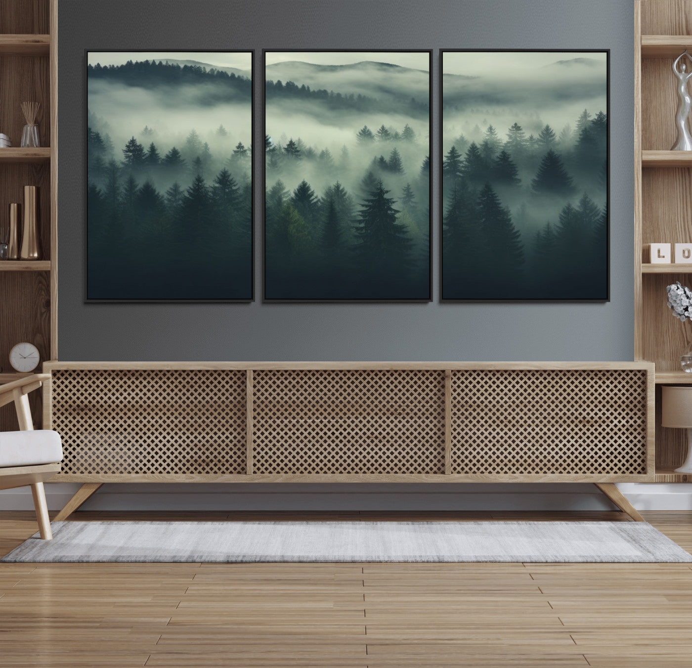 76456-MGV-FC-60X30-3P_Black-Misty Forest Wall Art Premium Canvas Print a Foggy and Serene Atmosphere