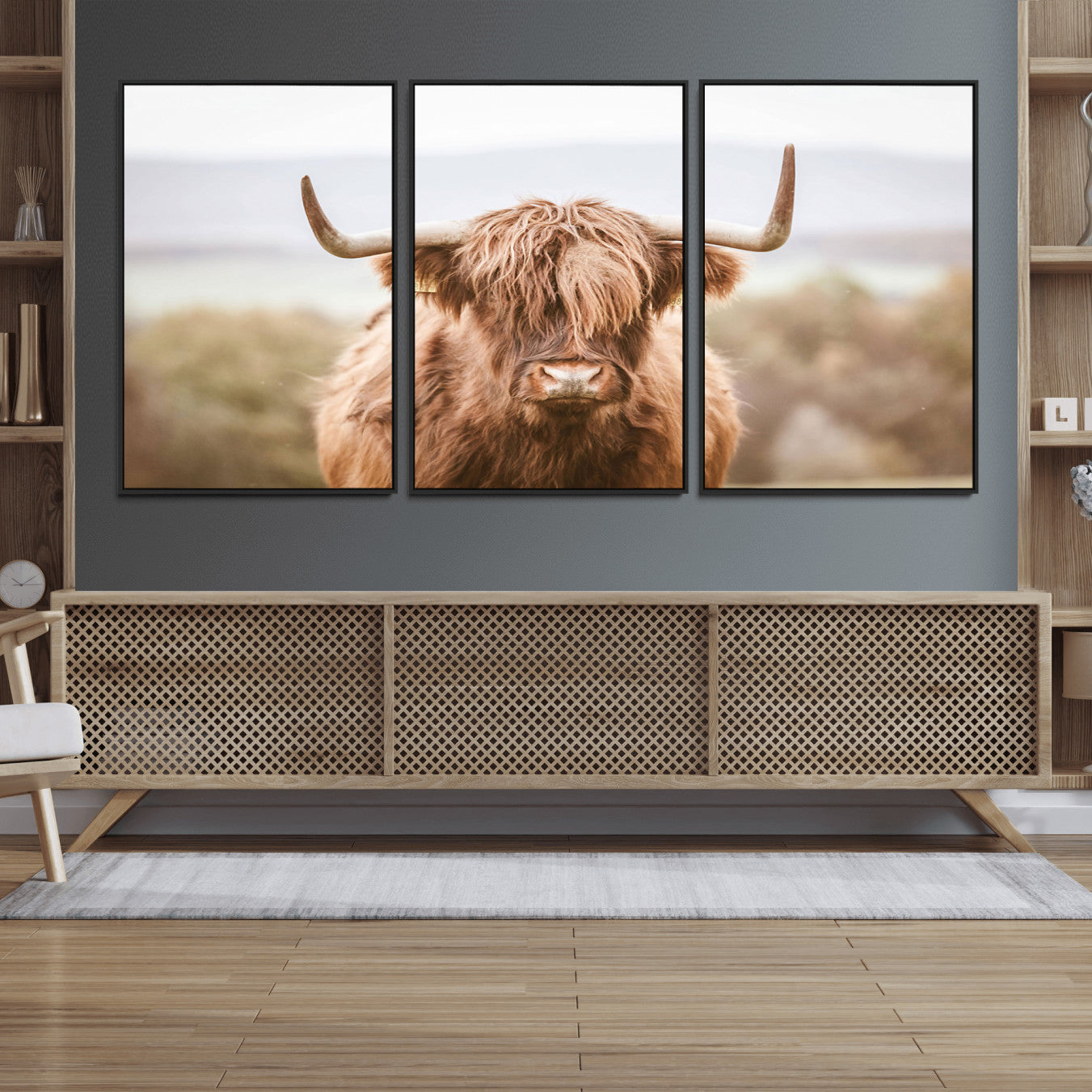 -Scottish Serene Highland Cow Canvas Wall Art – Serene Highland Cow in Natural Pastel Tones – Ready