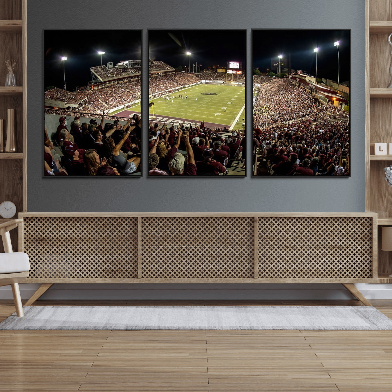 94126-MGV-FC-60X30-3P_Black-Washington-Grizzly Stadium Canvas Wall Art – Exciting Game Night Atmosphere Captured in Panoramic