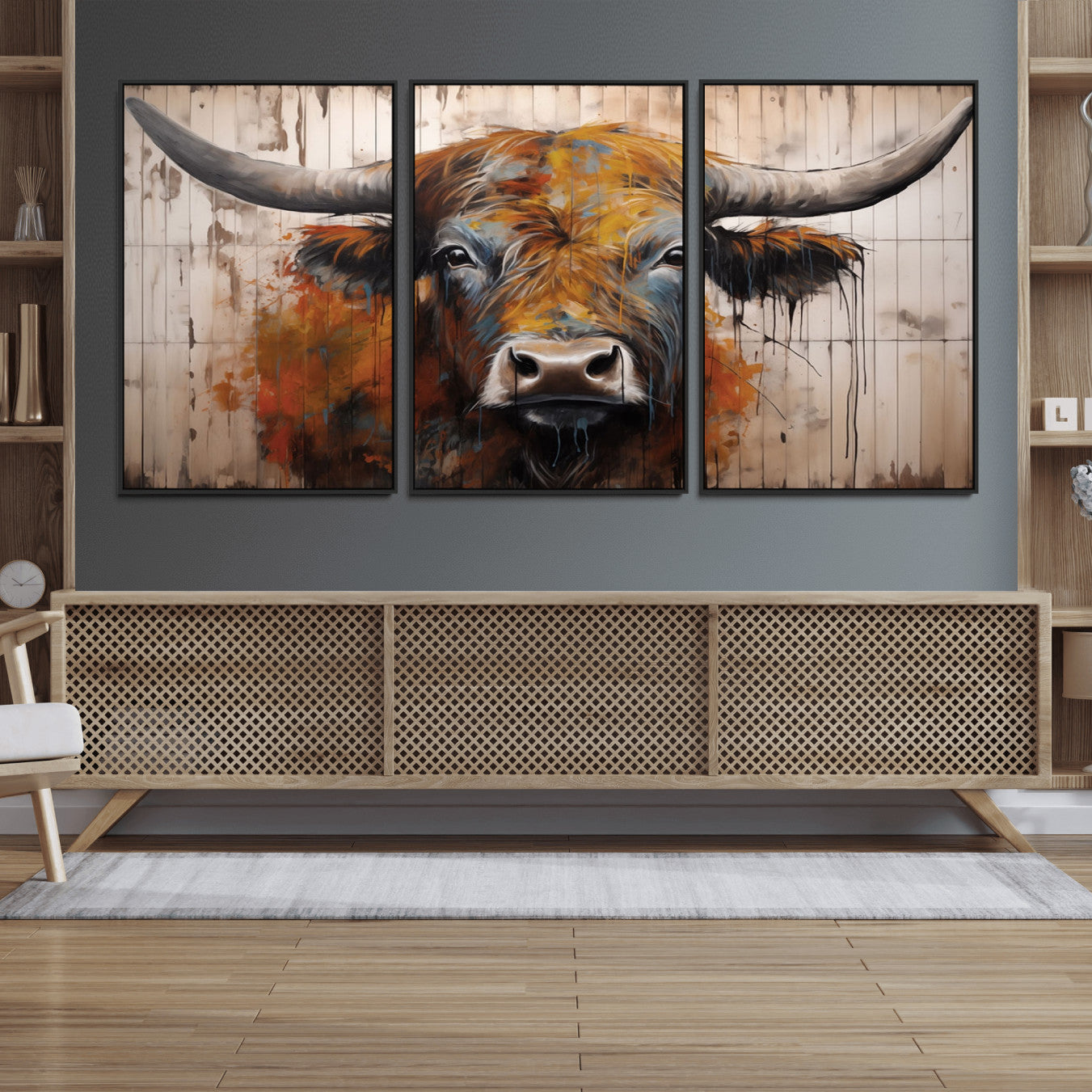 47284-MGV-FC-60X30-3P_Black-Scottish Highland Cow Cattle Art Print on Wood Style Background