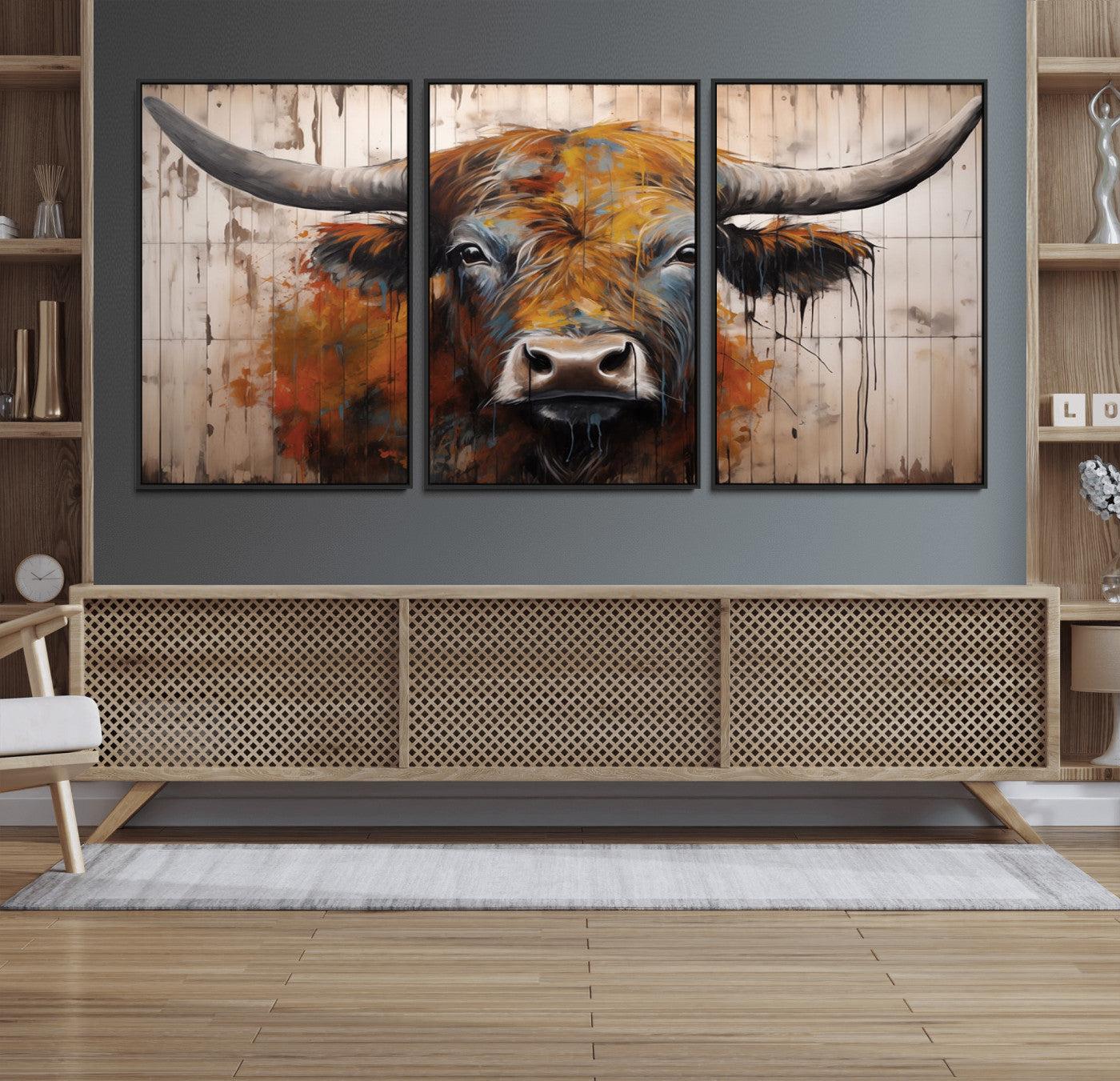 47284-MGV-FC-60X30-3P_Black-Scottish Highland Cow Cattle Art Print on Wood Style Background
