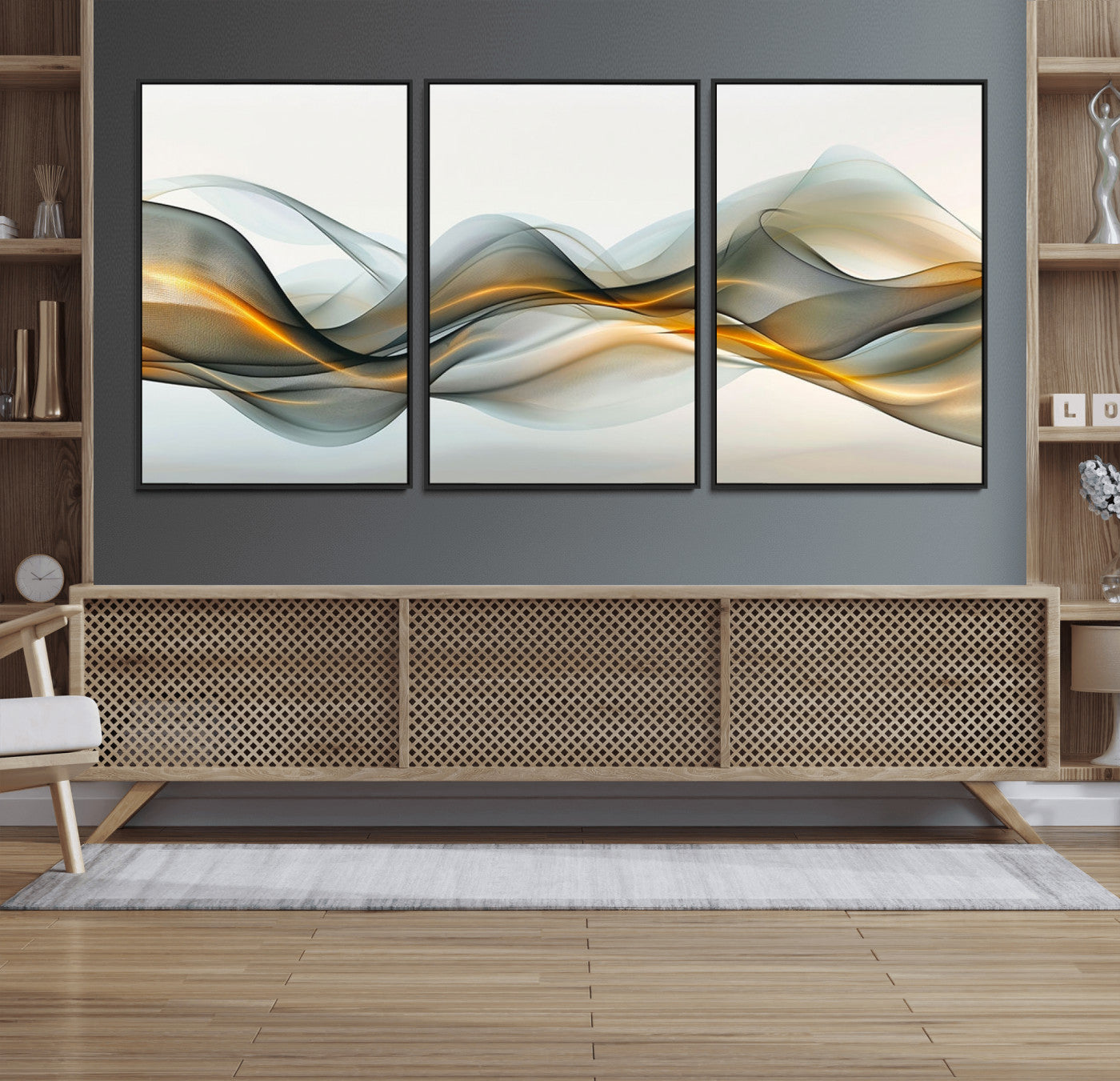 ES1001-MGV-FC-60X30-3P_Black-Abstract Wave Canvas Wall Art – Fluid Contemporary Elegance in Motion – Ready to Hang