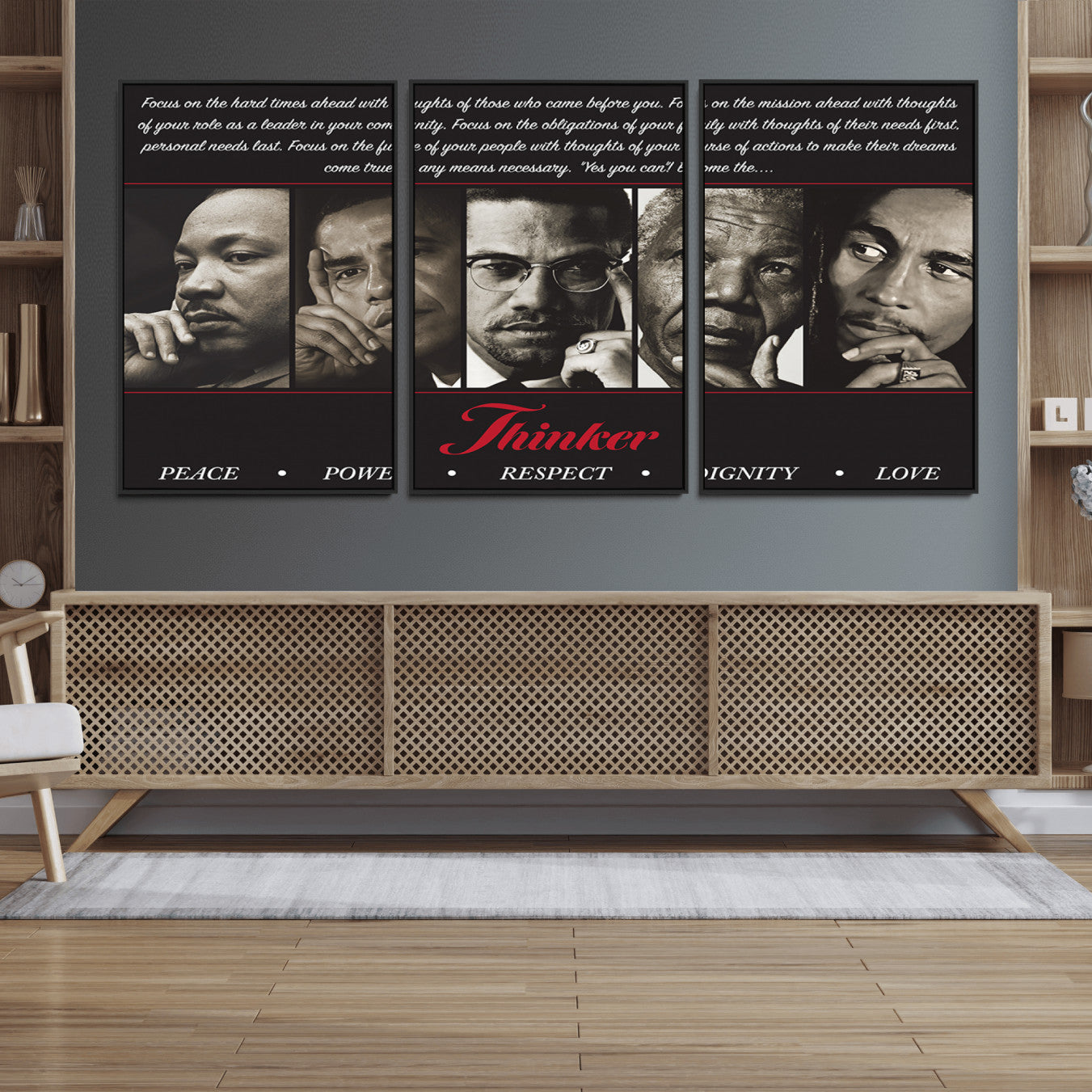 41417-MGV-FC-60X30-3P_Black-Thinkers of Wall Art Canvas Print - Inspirational Wall Art Featuring Icons of Peace, Power, and