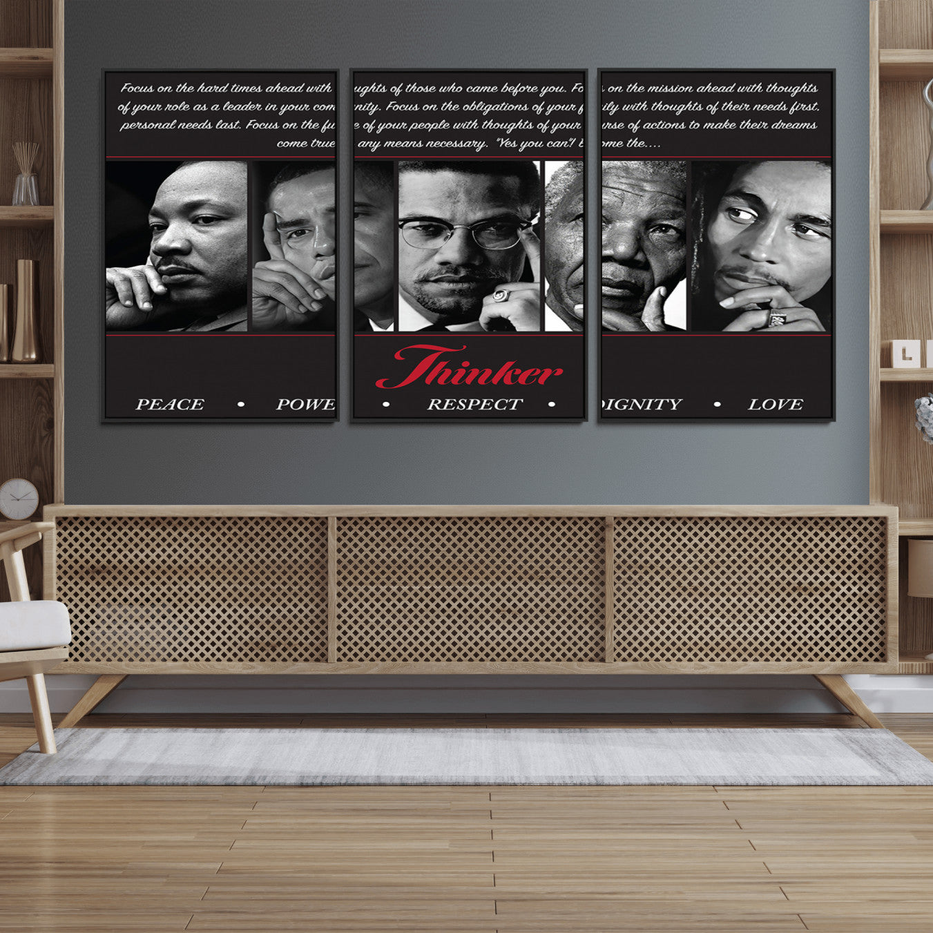 45112-MGV-FC-60X30-3P_Black-Thinker Quintet Canvas Wall Art – Martin, Obama, Malcolm X, Mandela, Marley Featuring Peace, Power,