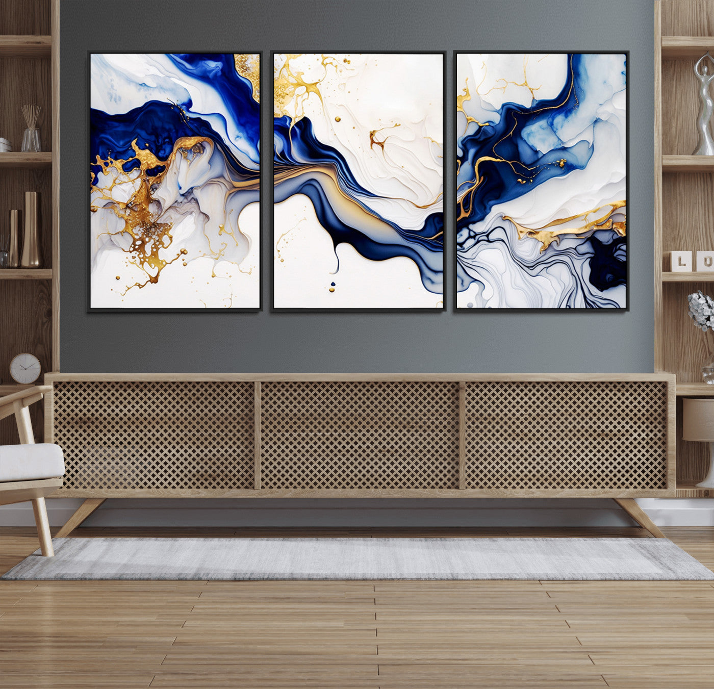 93392-MGV-FC-60X30-3P_Black-Golden Cascades on Midnight Blue – Deep Blue Abstract Wall Art Flowing Elegance | Wall Art Canvas,