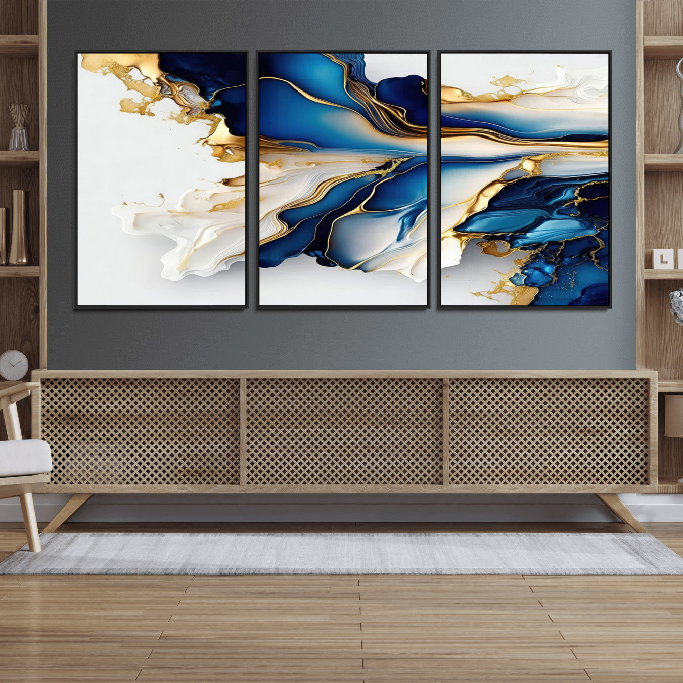 65693-MGV-FC-60X30-3P_Black-Gold Marble Art - Abstract Geode Gold And Blue Marble Shape 3 Pieces Wall Art Canvas Print