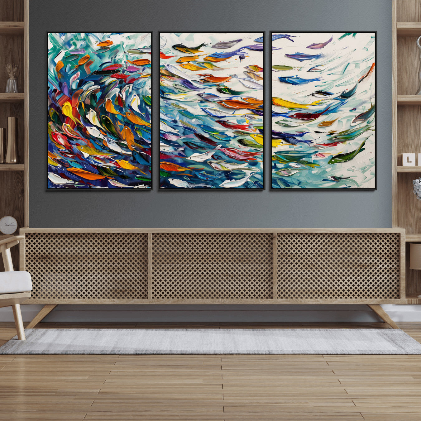 -Modern Abstract Fish Shoal Wall Art Canvas Print, Colorful Fish Herd Painting on Canvas Print, Ocean